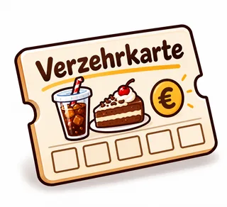 Verzehrkarte mit Getränk, Kuchen und Euro-Symbol